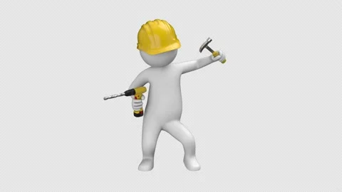 Builder stickman dance with drill and hammer - looped with alpha channel. Stock Footage 232443908
