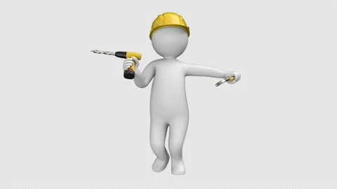 Builder stickman dance with drill and hammer - looped with alpha channel. Stock Footage 232443962