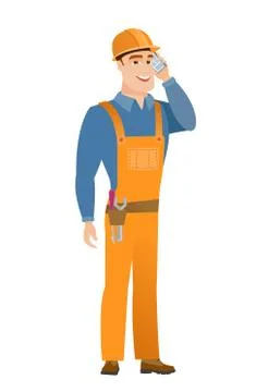 Builder talking on a mobile phone Ilustración de archivo