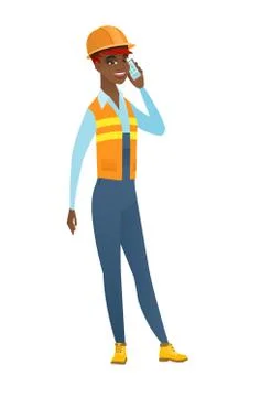 Builder talking on a mobile phone Ilustración de archivo