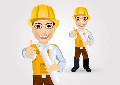 Builder with tape blueprints Illustrazione stock