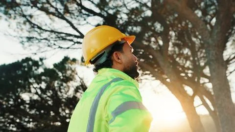 Builder, thinking and man with helmet, outdoor or ideas for renovation proj.. Stock Photos
