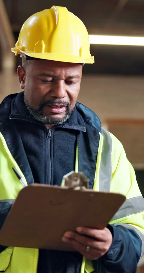 Builder, thinking or black man with clipboard in warehouse for building material Stock Footage 348128500