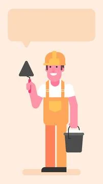 Builder three quarters face holding spatula and bucket with cement Stock Illustration
