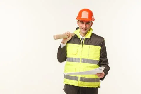 Builder with tools white background Stock Photos