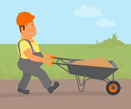 Builder with trolley is going to the project Stock Illustration