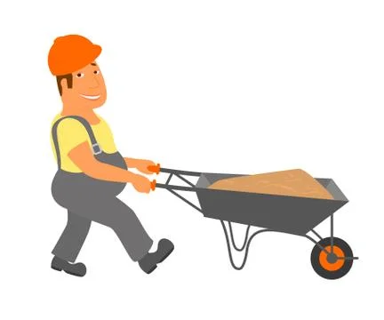 Builder with trolley is going to the project Stock Illustration