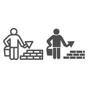 Builder with trowel line and solid icon. Worker man build brick masonry wall Stock Illustration