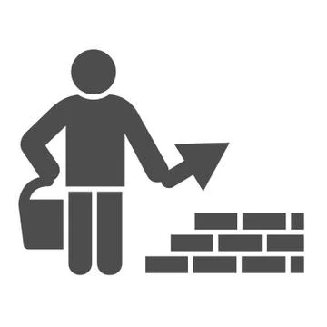Builder with trowel solid icon. Worker man build brick masonry wall symbol Stock Illustration