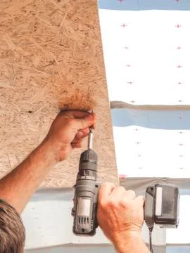 Builder twists the screw in the OSB sheet on the ceiling Stock Photos