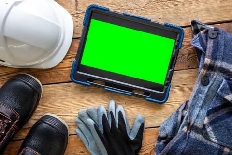 Builder uniform and digital tablet on wooden background, flat lay. Stock Photos