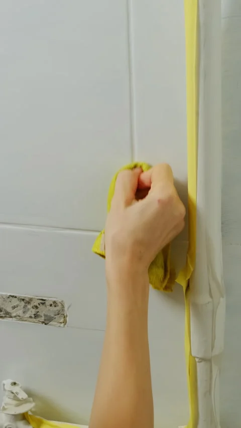 Builder uses damp cloth to wipe grout lines on tiled wall Stock Footage 317084306