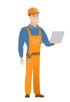 Builder using laptop vector illustration 스톡 일러스트
