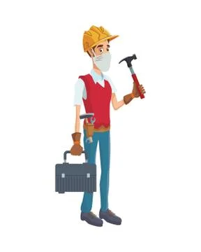 Builder using medical mask with hammer Stock Illustration
