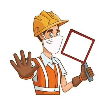 Builder using medical mask with traffic signal Stock Illustration