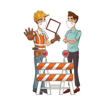 Builder using medical mask with traffic signal and man Stock Illustration