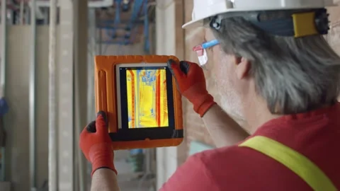 Builder using thermal camera on tablet on construction site Stock Footage 133634405
