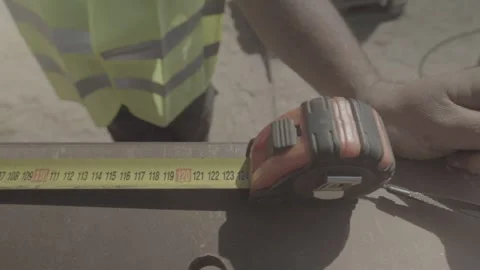 A builder in a vest measures an iron structure with a tape measure Stock Footage 278397451