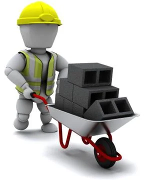 Builder with a wheel barrow carrying bricks Stock Illustration