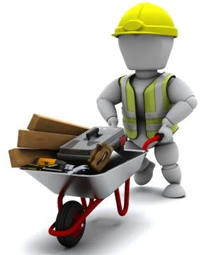 Builder with a wheel barrow carrying tools Stock Illustration
