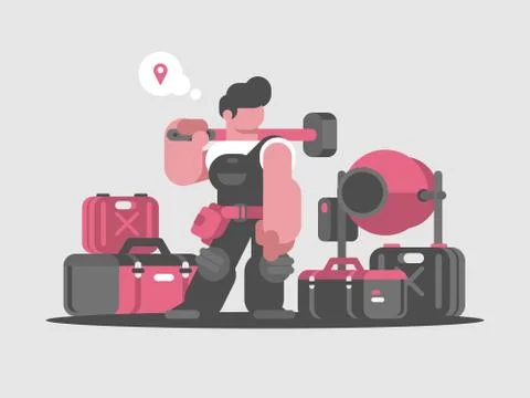 Builder worker with hammer and tools Stock Illustration