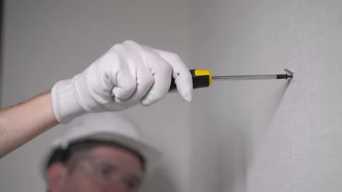 Builder worker makes repairs in apartment, screwing screw in a concrete wall. Vidéo 170308572