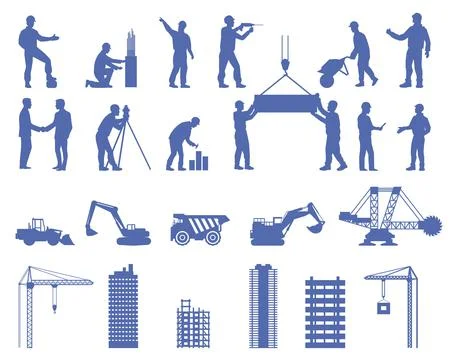 Builder worker silhouette isolated vector flat set Illustrazione stock