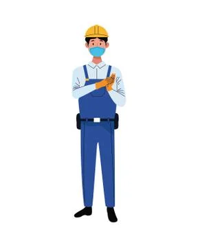 Builder worker using face mask for covid 19 库存插图