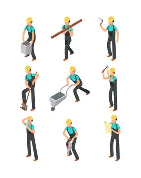 Builder workers, construction professionals isolated 3d people vector set Stock Illustration