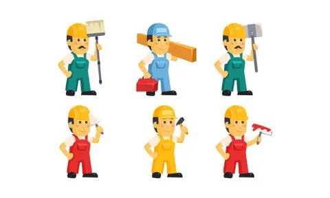 Builder workers in uniform with various construction tools, handymen cartoon Stock Illustration