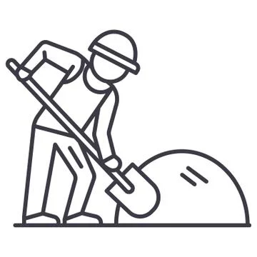 Builder working with shovel vector line icon, sign, illustration on background Stock Illustration