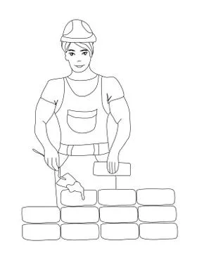 Builder working. Working mason makes laying bricks. Stock Illustration