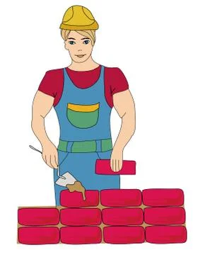 Builder working. Working mason makes laying bricks, doodle illustration Stock Illustration