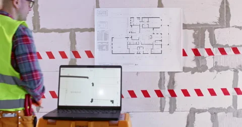 Builder works on computer analyzing floor plan of apartment Stockbeeldmateriaal 309927930