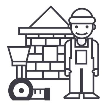 Builder,brick house,meter vector line icon, sign, illustration on background Stock Illustration