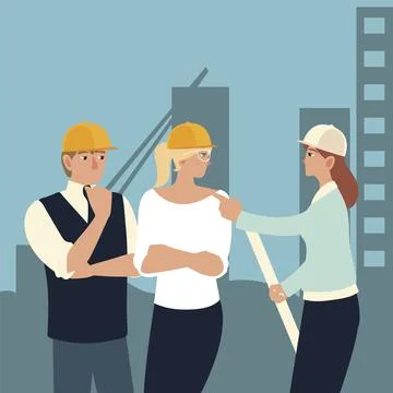 Builders and architects, group of architects with plan roll in workspace Stock Illustration