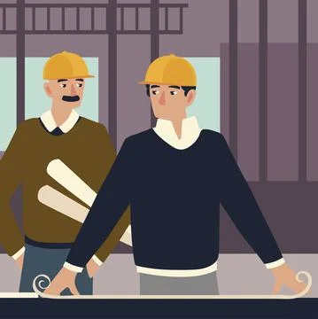 Builders and architects, man architect showing drawing building blueprint on Stock Illustration