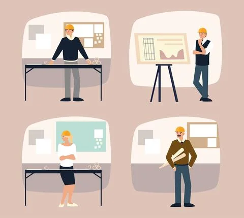 Builders and architects set, planning project building construction Ilustración de archivo