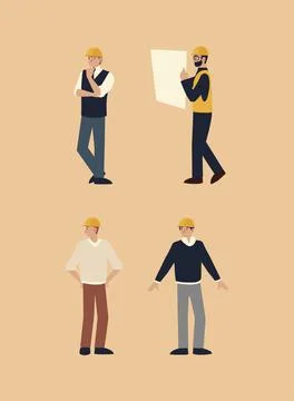 Builders and architects worker professional with helmet and blueprint set Stock Illustration
