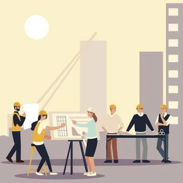 Builders and architects, workers architect contractor and designers in project Stock Illustration