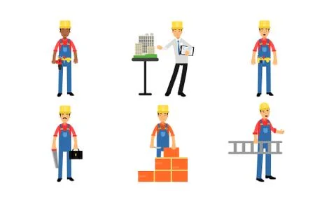 Builders And Constructors Work With Various Equipment Vector Illustration Set Ilustración de archivo