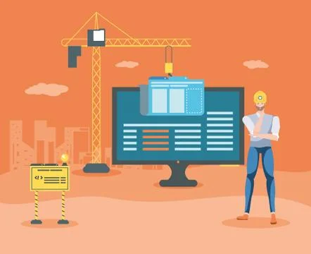 Builders and desktop with webpage under cosntruction Ilustración de archivo