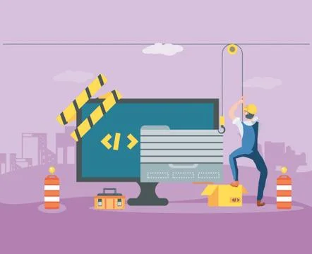 Builders and desktop with webpage under cosntruction Ilustración de archivo