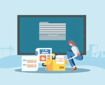 Builders and desktop with webpage under cosntruction Ilustración de archivo