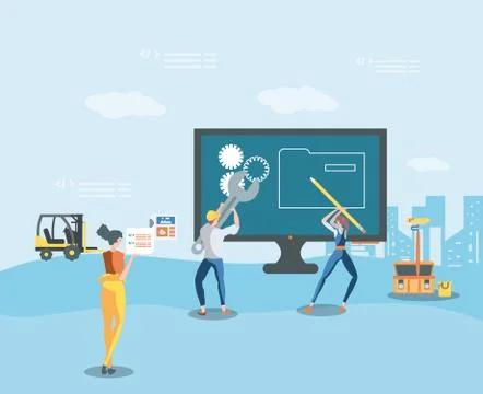 Builders and desktop with webpage under cosntruction Stock-Illustration