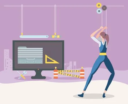 Builders and desktop with webpage under cosntruction Ilustración de archivo