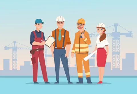 Builders and engineers background. Cartoon factory workers and business Stock Illustration