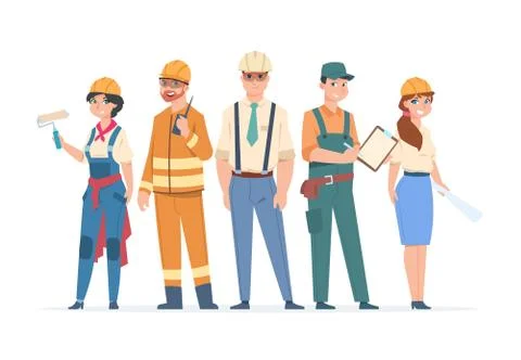 Builders and engineers characters. Construction workers and business peoples Stock Illustration