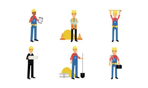 Builders And Engineers With Equipment In Different Actions Vector Illustration Ilustración de archivo