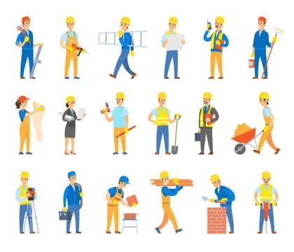 Builders and Engineers with Tools and Bricks Set Stock Illustration
